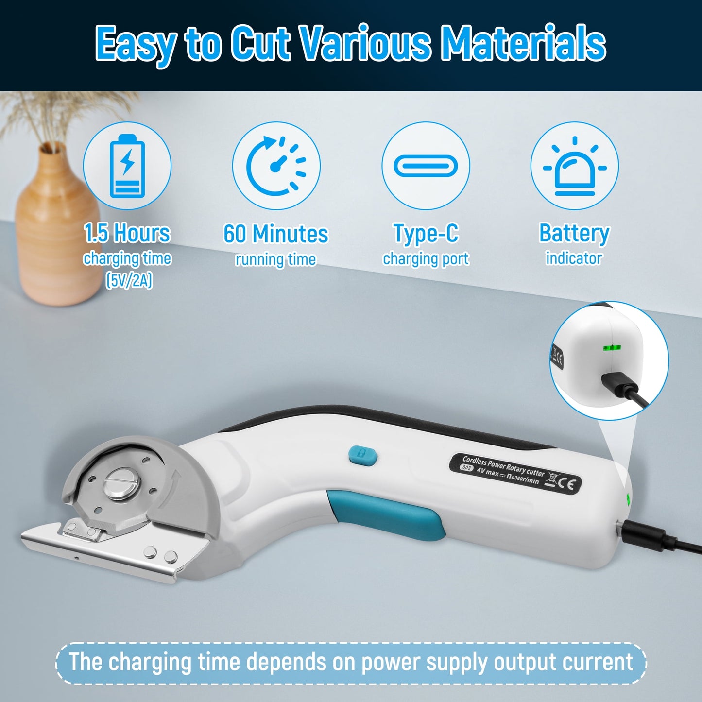 Tidymend Cordless Electric Scissors, 4V Rechargeable Cardboard Cutter with Tungsten Steel Replacement Blade, Rotary Cutter with Safety Lock for Fabric Carpet Leather Plastic Cutting (White)