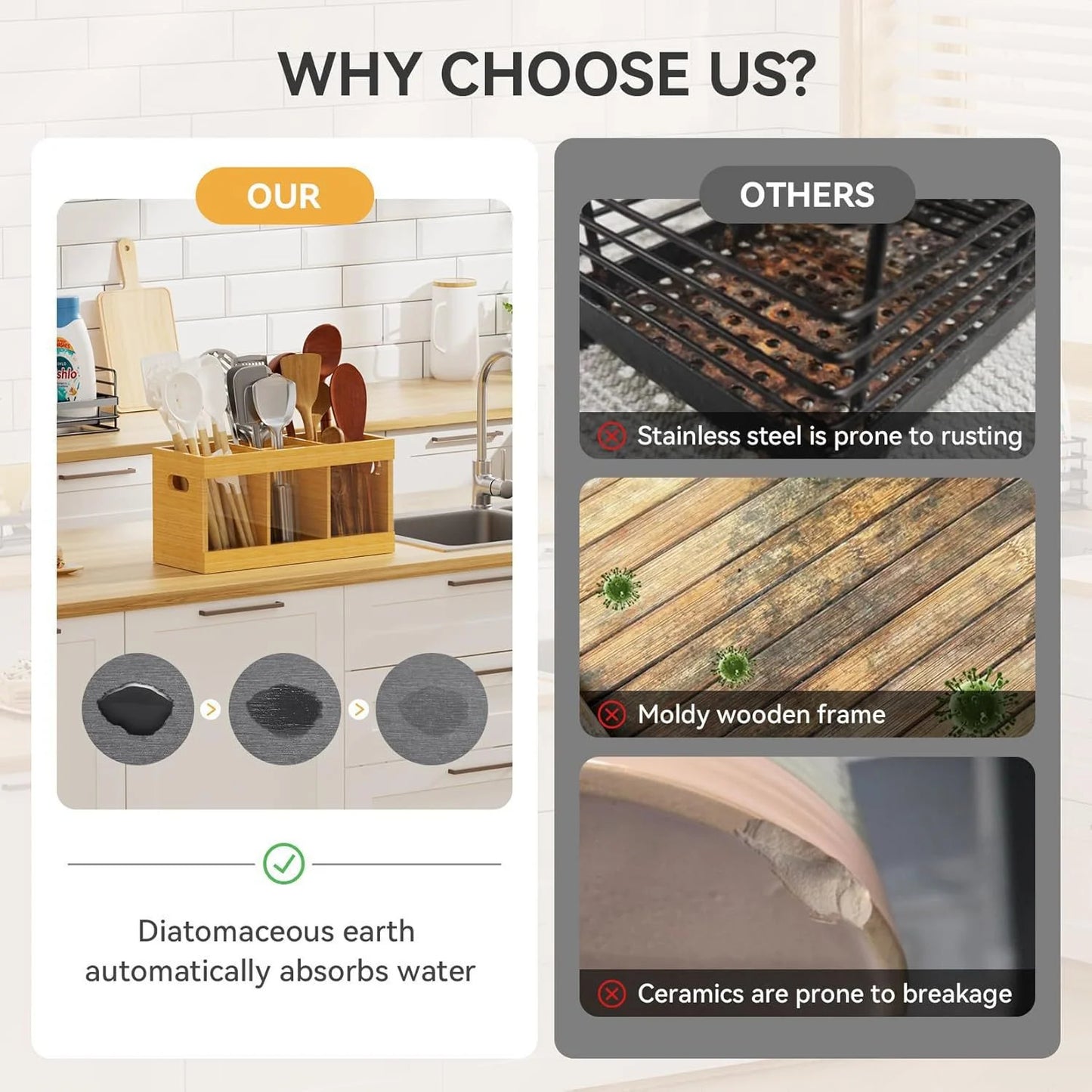 Sentryse Extra Large Kitchen Utensil Holder with 8 Compartments, Wooden Utensil Holder for Kitchen Counter, Cooking Utensils Organizer with Quick Dry Diatomite Base, Acacia Rustic Wood