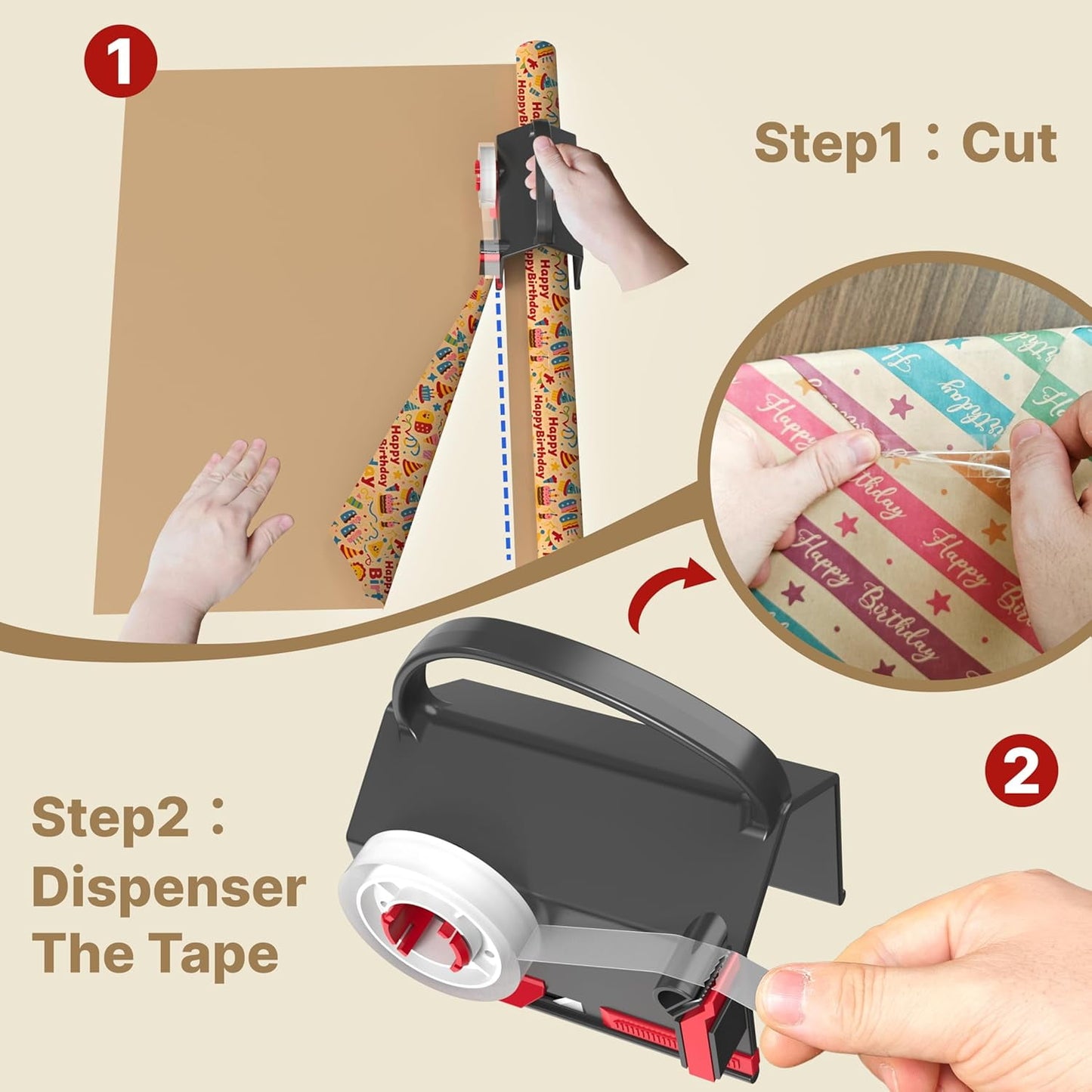 Sentryse (2-Pack) Wrapping Paper Cutter & Tape Dispenser Dual Use with 4 Tapes, 2 Replace Blades Kit, Gift Wrap Cutter Tool Paper Roll Holder Tube Sliding Slicing for Birthday Holiday